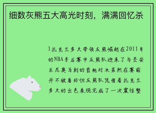 细数灰熊五大高光时刻，满满回忆杀