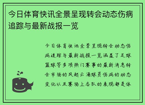 今日体育快讯全景呈现转会动态伤病追踪与最新战报一览